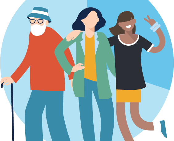 Illustration of three people standing in front of a pie chart