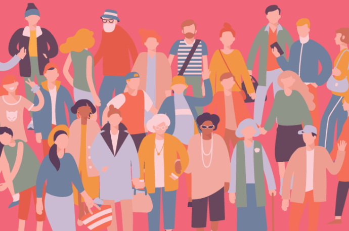 Illustration of a large group of people of varying ages and genders