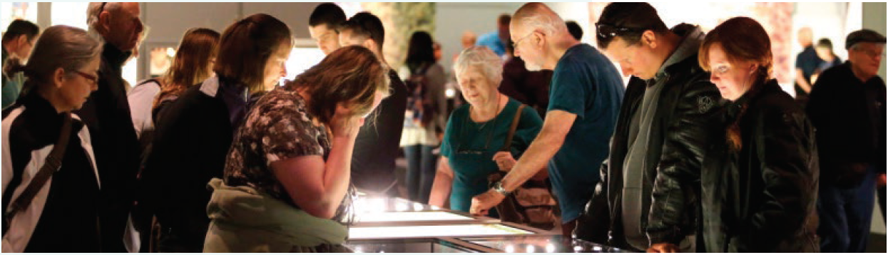 Visitors looking into an exhibit display case.