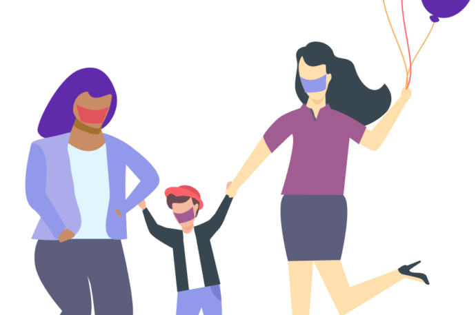 Illustration of two women with face masks holding hands with a child wearing a face mask.