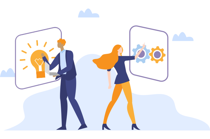 Illustration of two people using interactive screens. One screen has a lightbulb, the other has gears.