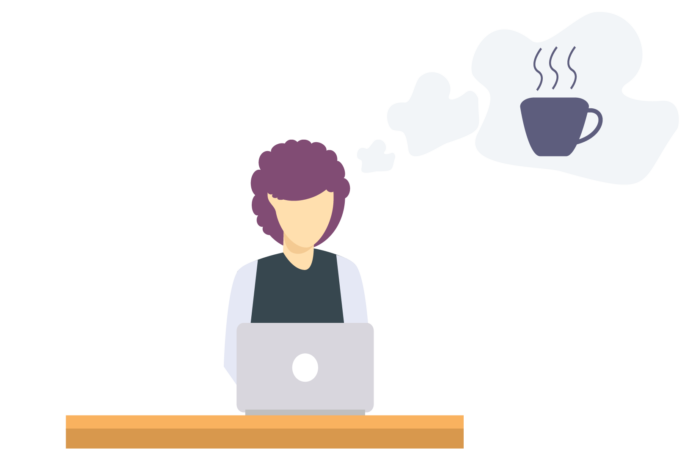 Woman with purple hair using a laptop at a desk with a thought bubble containing a cup of coffee