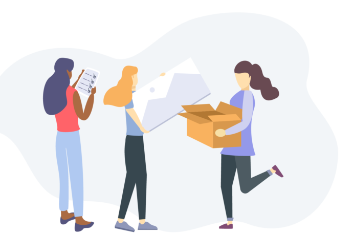 Illustration of three woman, one holding a checklist, the second holding a large canvas, and the third holding a large box.