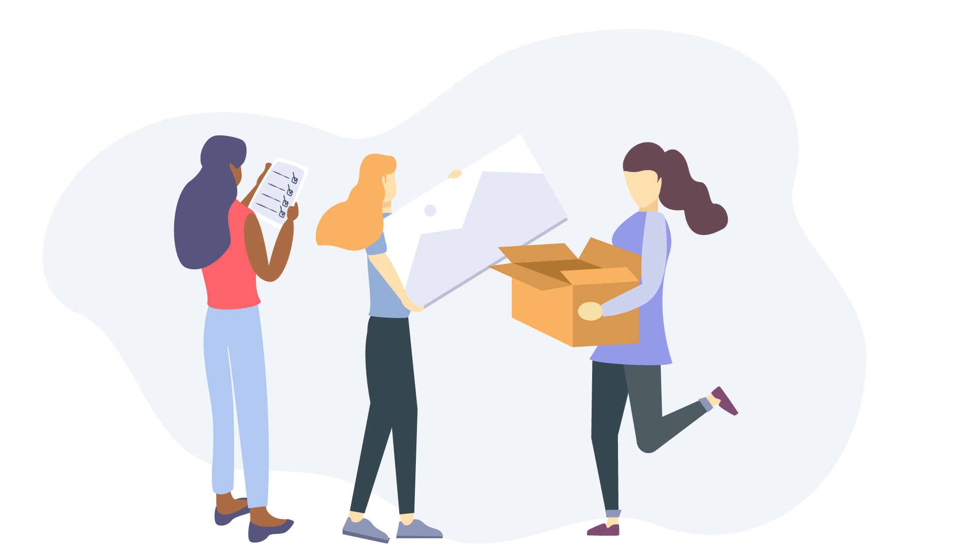 Illustration of three woman, one holding a checklist, the second holding a large canvas, and the third holding a large box.