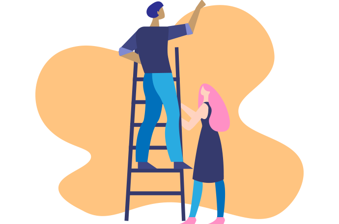 Illustration of two people. One person is on a ladder, the other is holding the ladder.