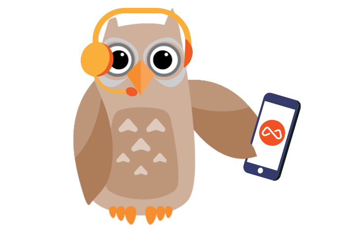 Owl with headphones on listening to a bcma podcast