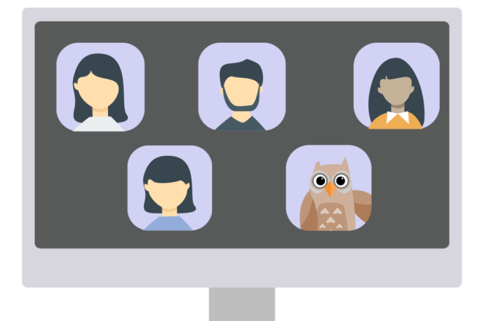 Illustration of a zoom meeting with four people and an owl.