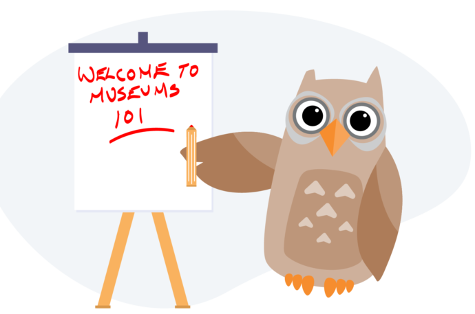 Owl standing in front of a whiteboard that says "Welcome to Museum 101"